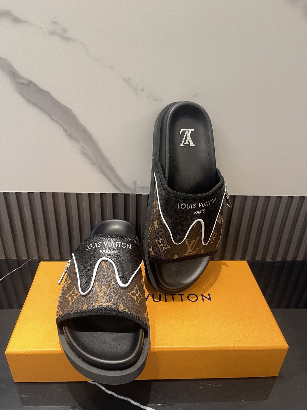 Louis Vuitton Brown Monogram Slide Sandals — front