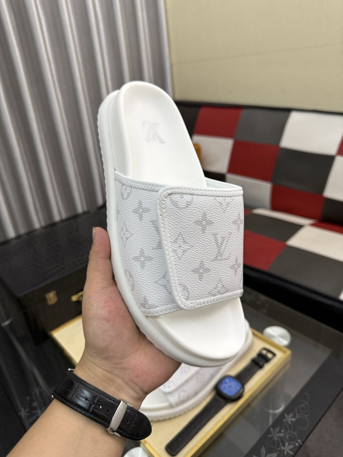 Louis Vuitton Light Gray Monogram Slide Sandals — model