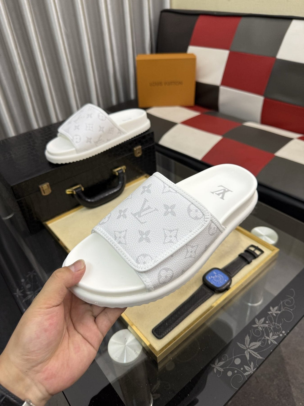 Louis Vuitton Light Gray Monogram Slide Sandals — side