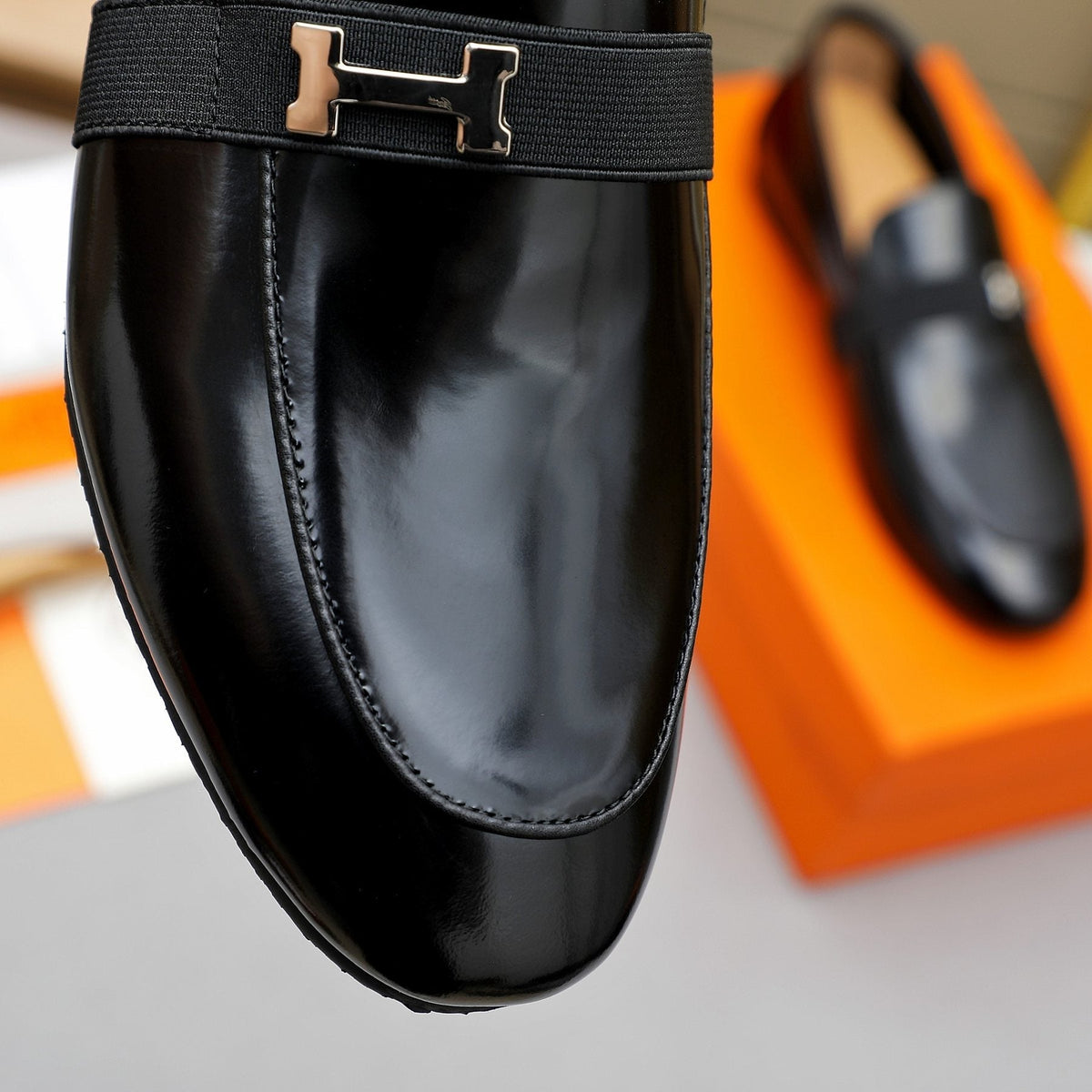 Hermès Black H-Hardware Loafers — detail
