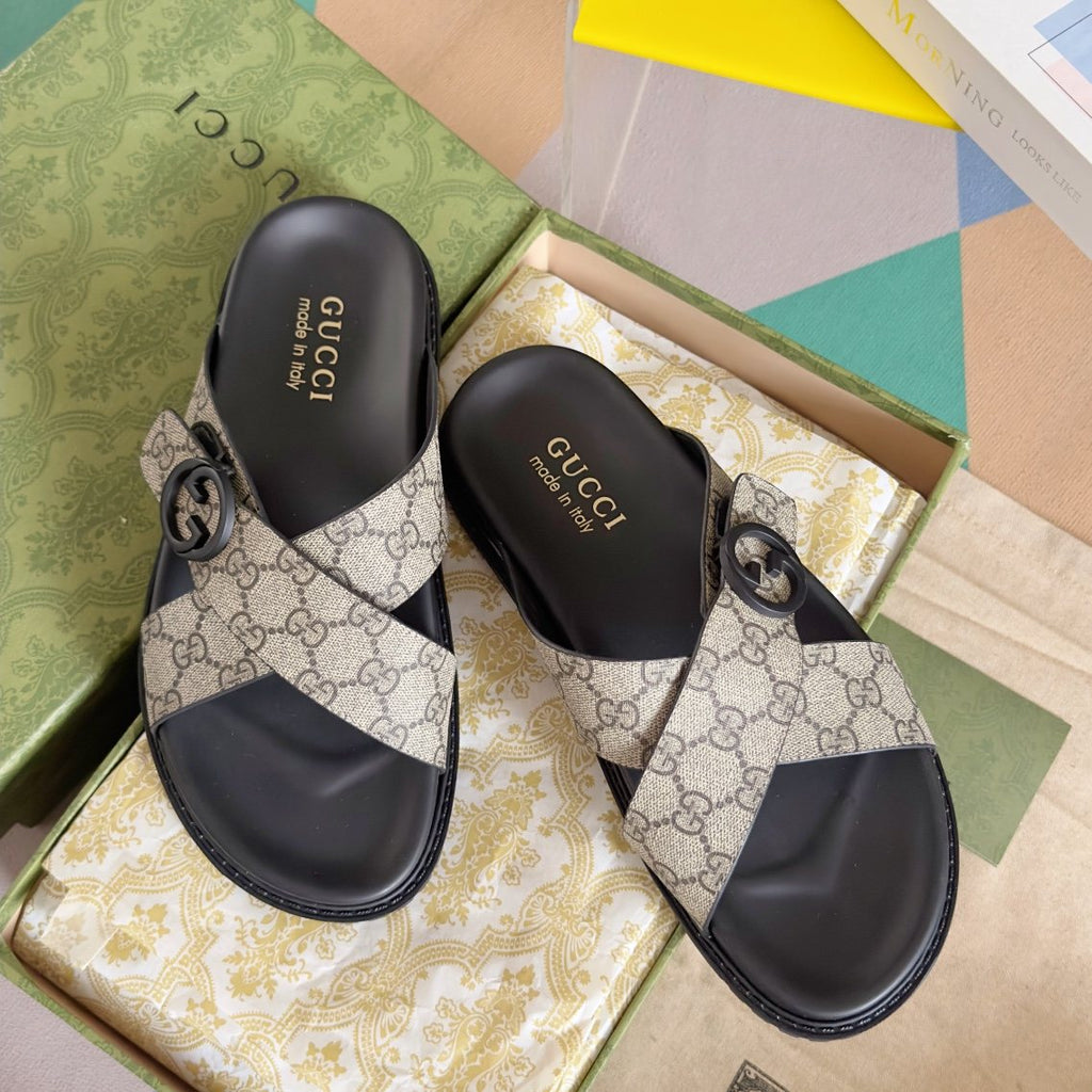 Gucci Beige Monogram Crossover Slide Sandals — front
