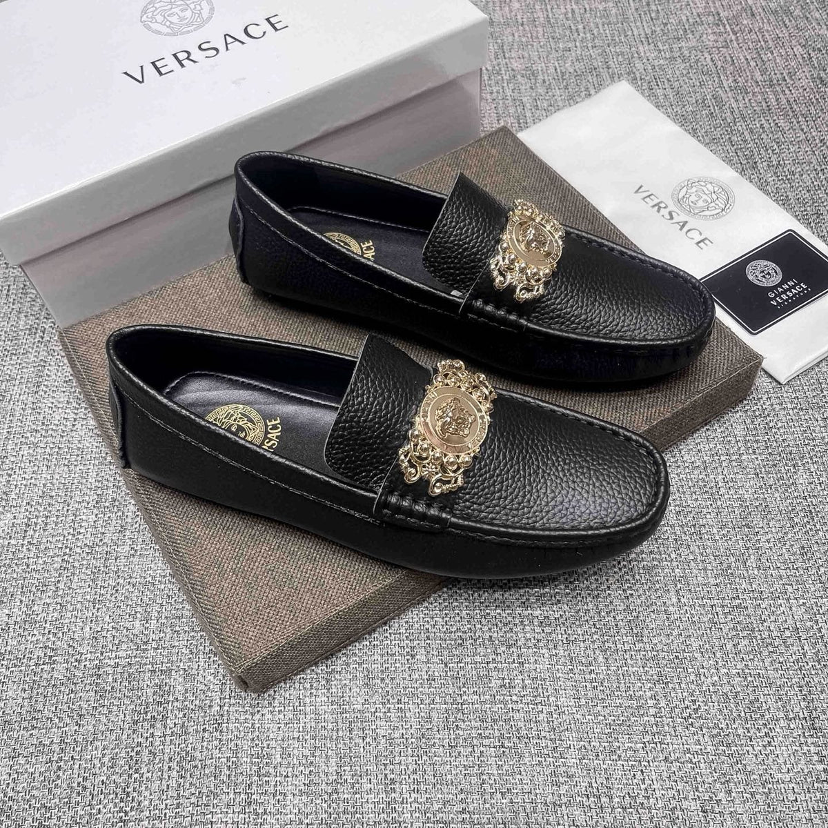 Versace Black Pebbled Leather Loafers — hero