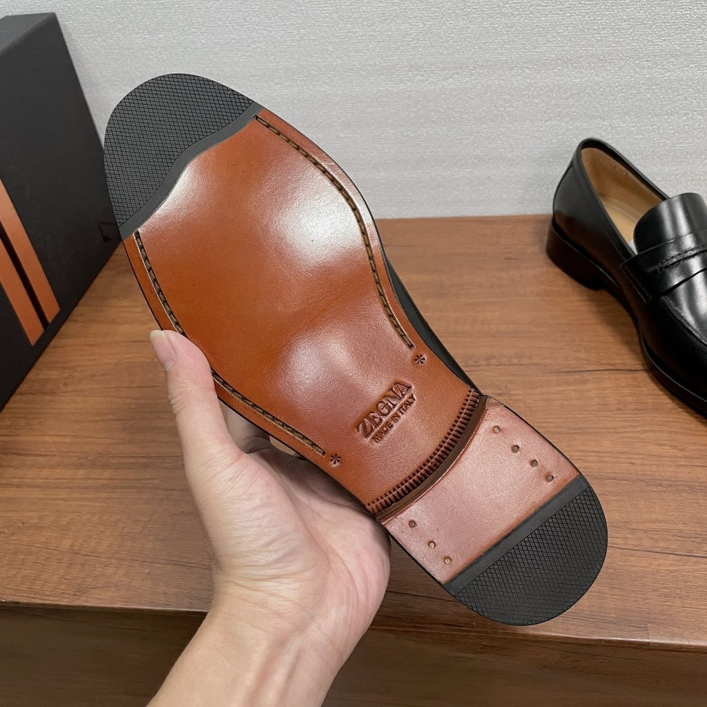 Zegna Black Leather Strap Loafers — side