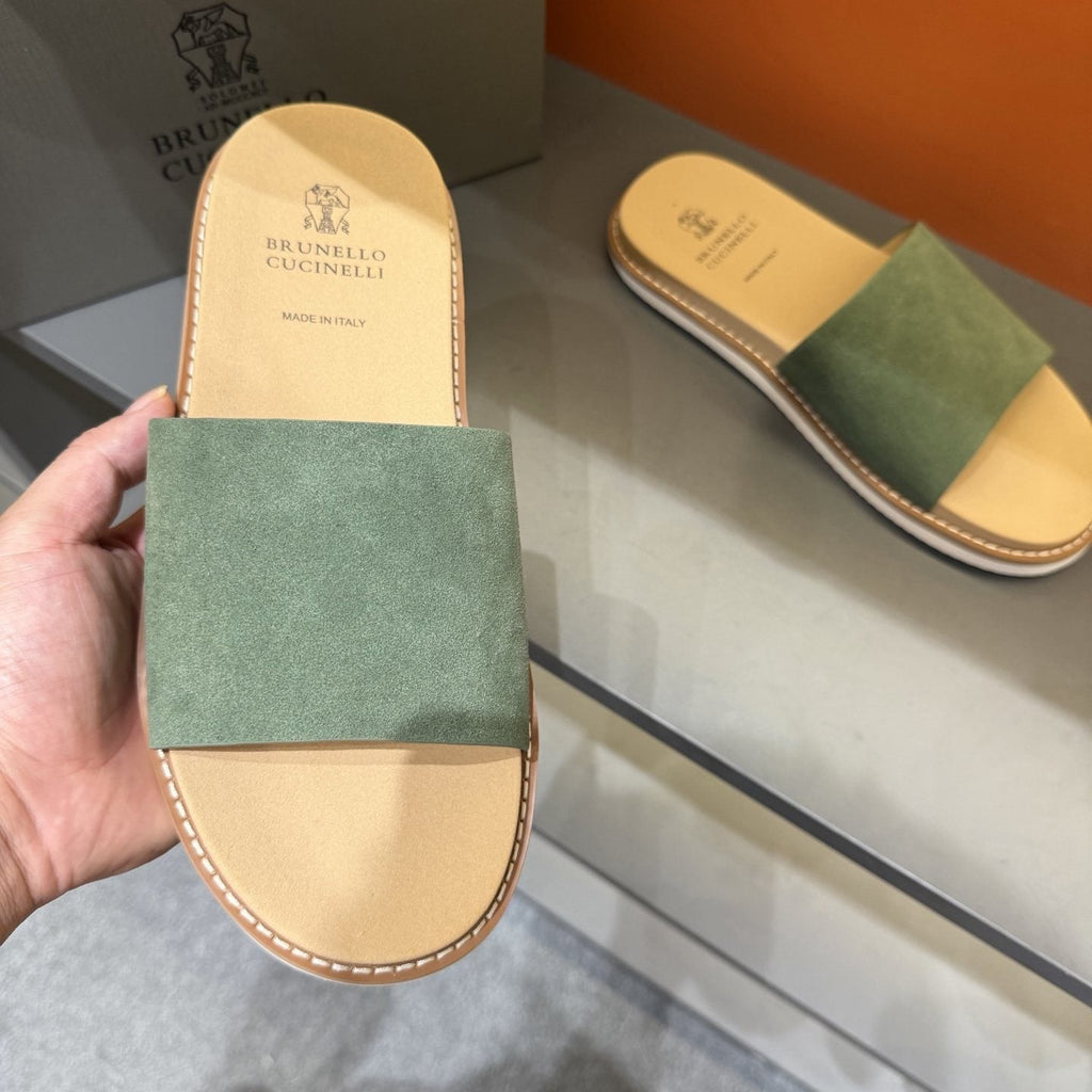 Brunello Cucinelli Sage Green Slide Sandals — model
