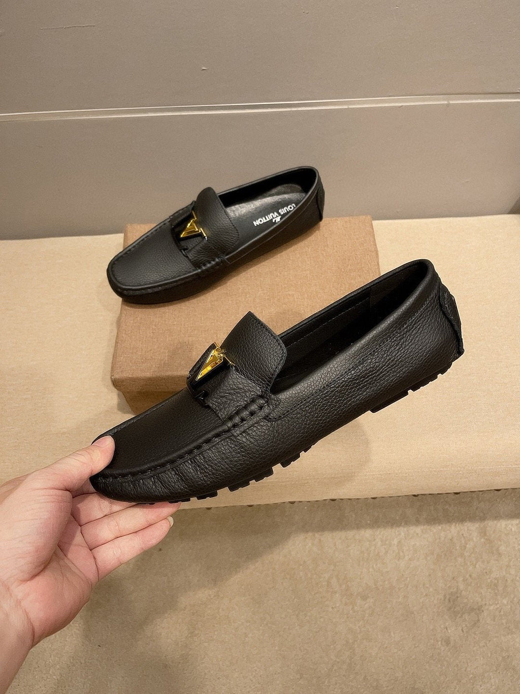 Louis Vuitton Black Gold-Tone Buckle Loafers — side