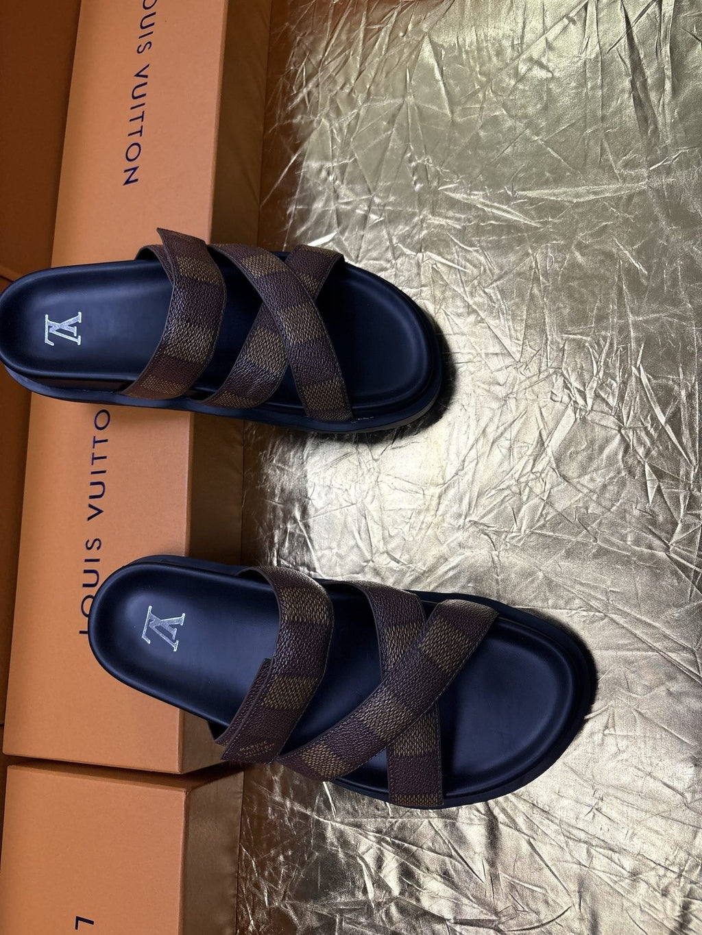 Louis Vuitton Checkered Cross-Strap Slide Sandals — hero