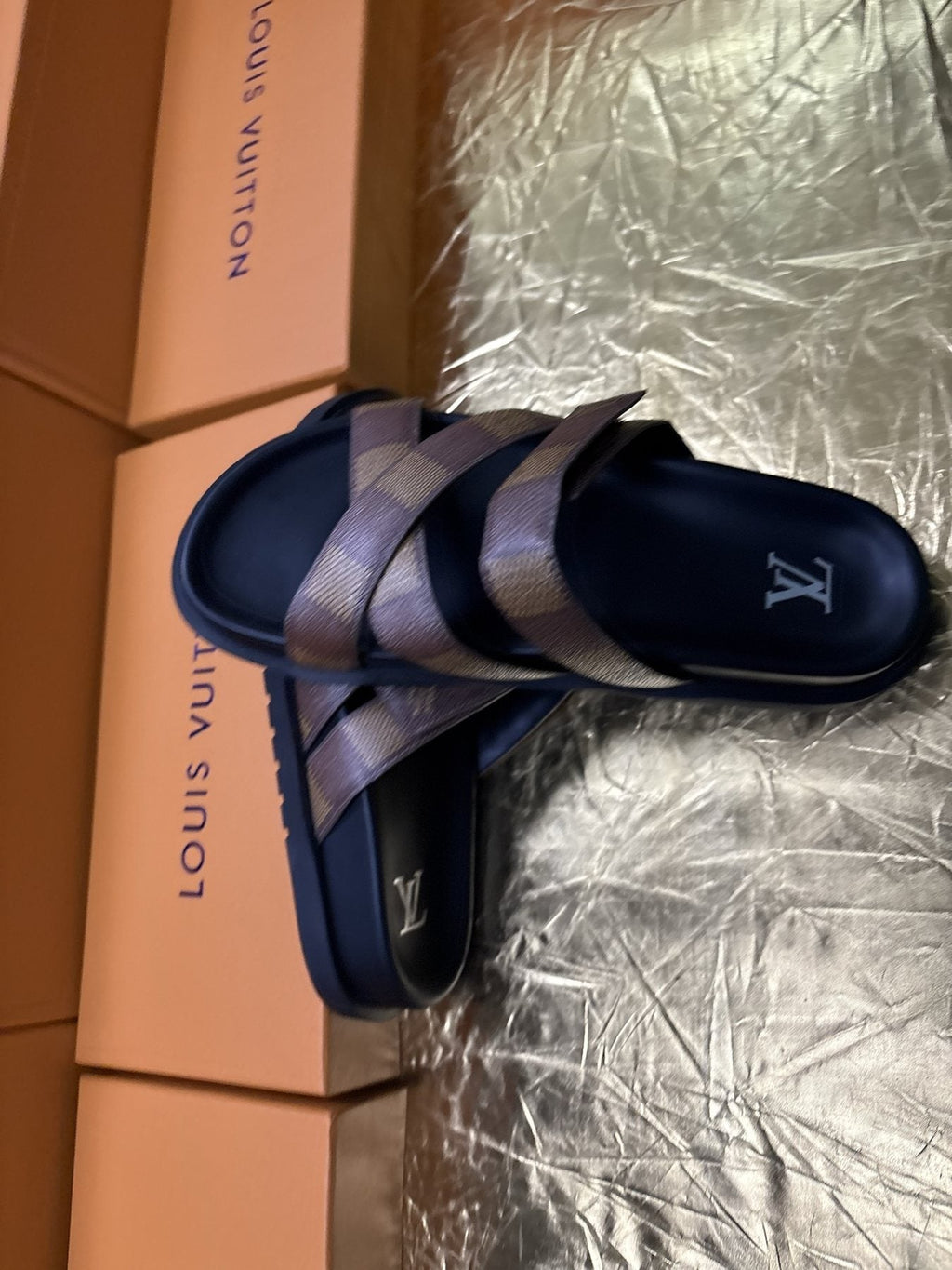 Louis Vuitton Checkered Cross-Strap Slide Sandals — front