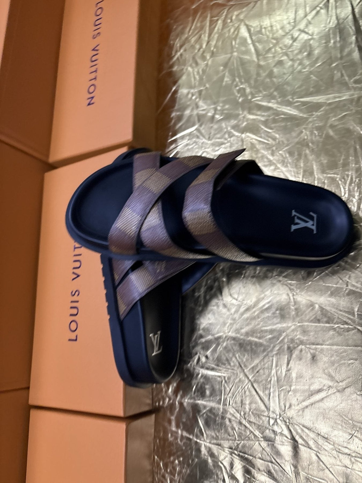 Louis Vuitton Checkered Cross-Strap Slide Sandals — front