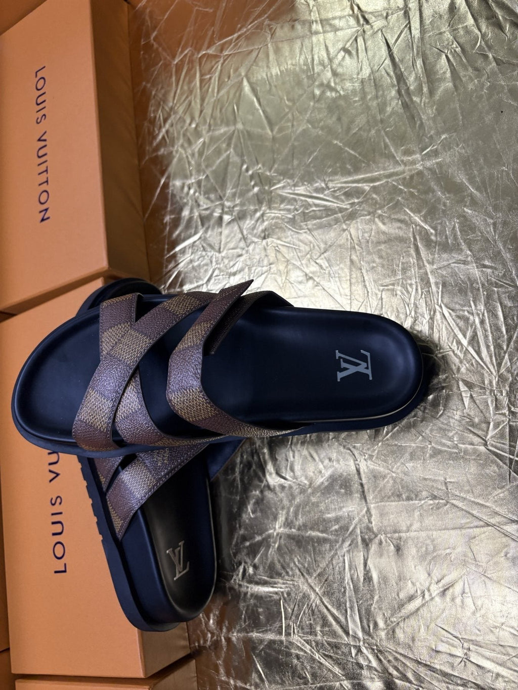 Louis Vuitton Checkered Cross-Strap Slide Sandals — side