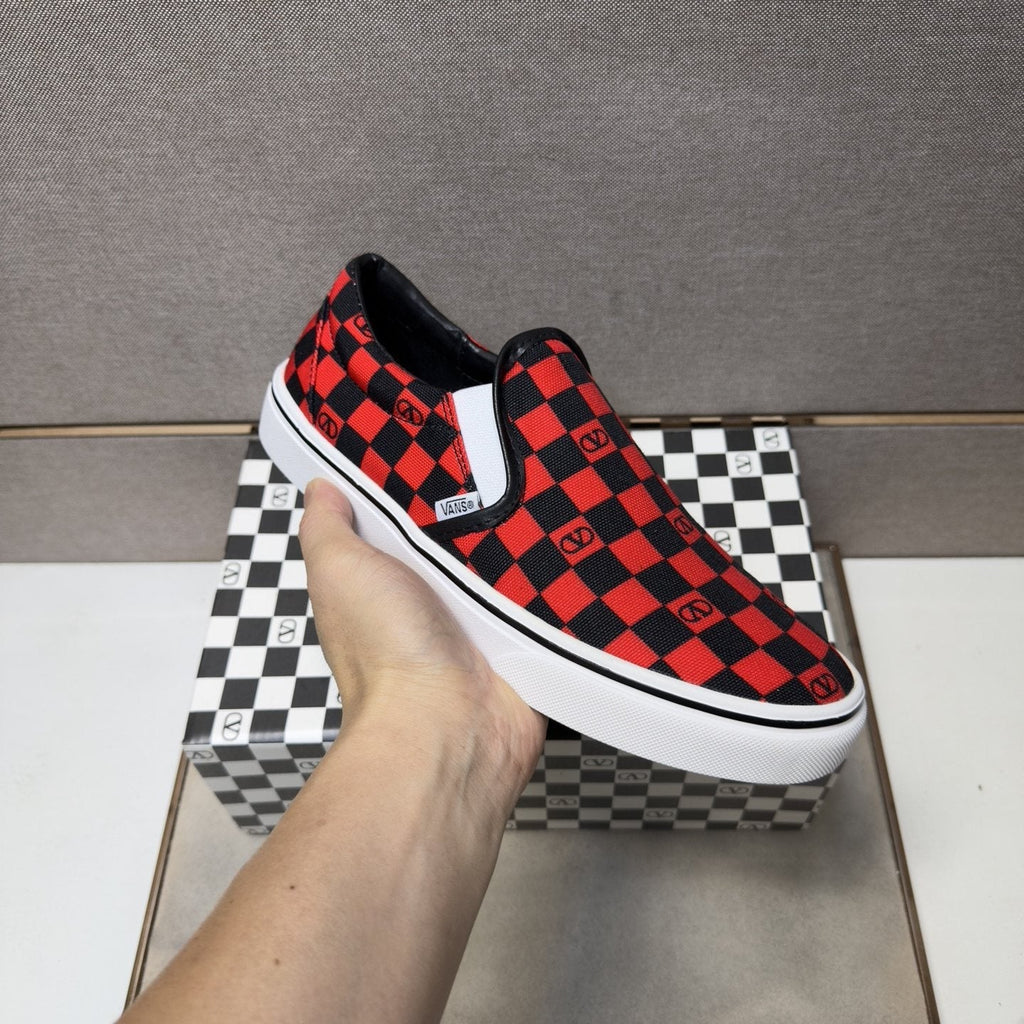 Vans Red and Black Checkerboard Slip-On Sneakers — model