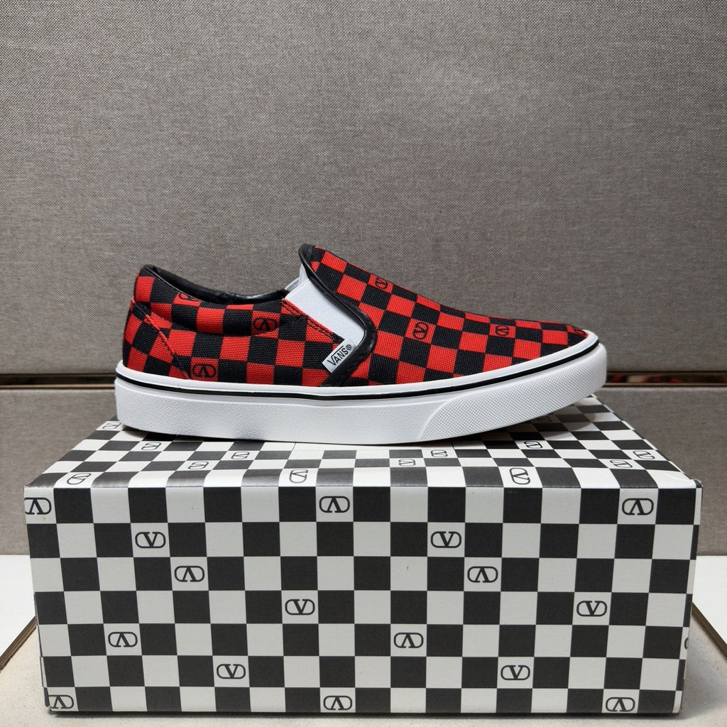 Vans Red and Black Checkerboard Slip-On Sneakers — side