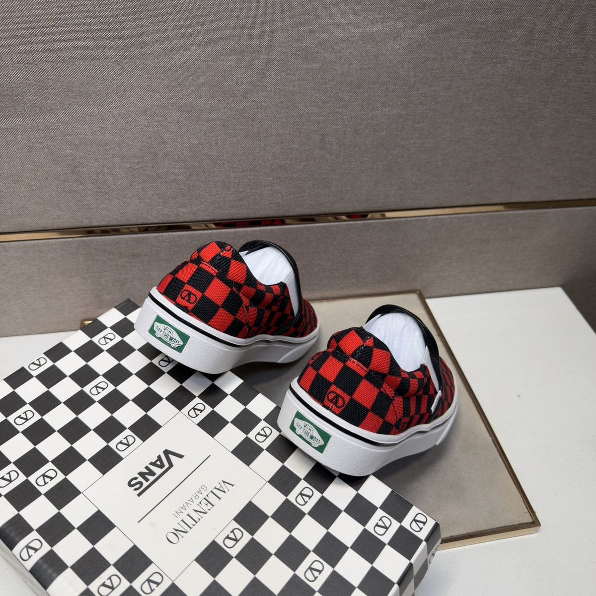 Vans Red and Black Checkerboard Slip-On Sneakers — back