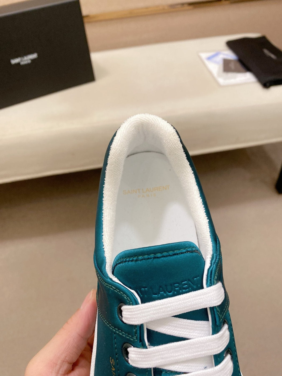 Saint Laurent Teal Blue Perforated Low-Top Sneakers — detail