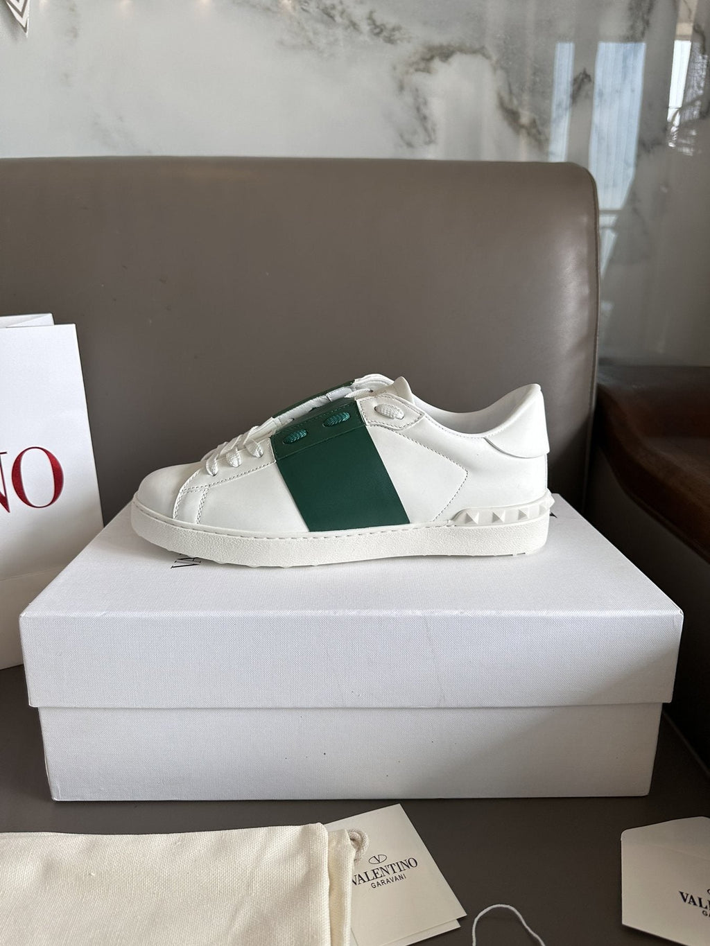 Valentino White and Green Studded Low-Top Sneakers — side