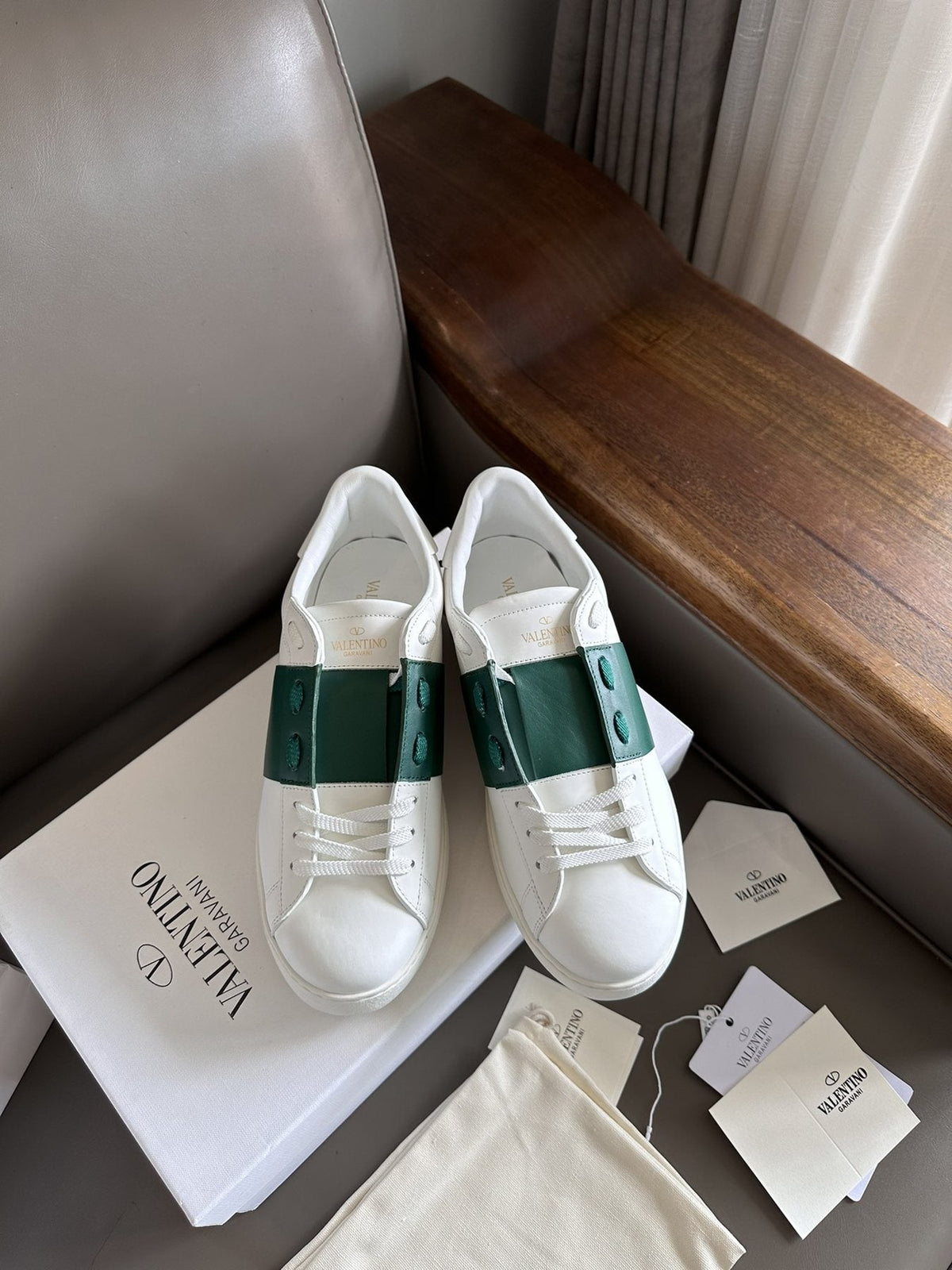 Valentino White and Green Studded Low-Top Sneakers — front