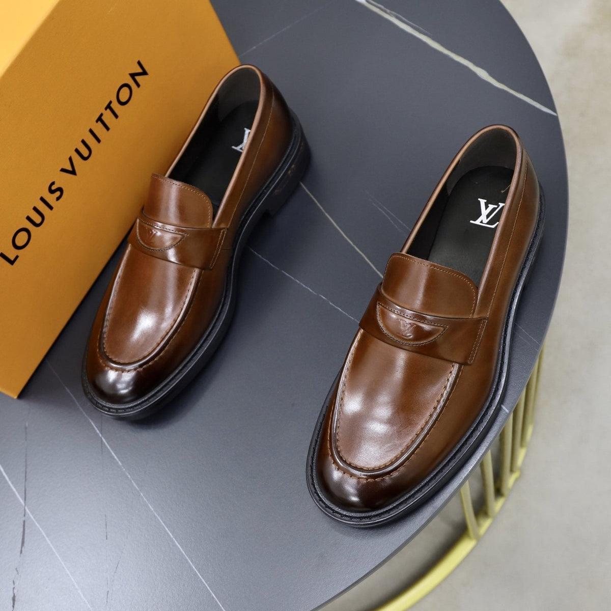 Louis Vuitton Brown Penny Loafers — front