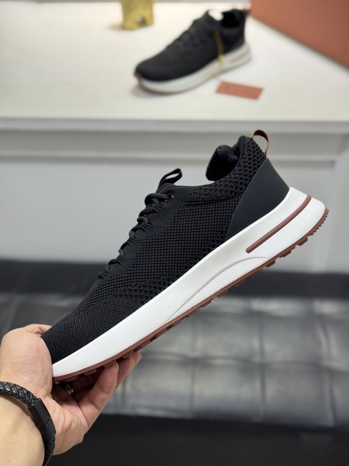 Loro Piana Black Knit Low-Top Sneakers — side