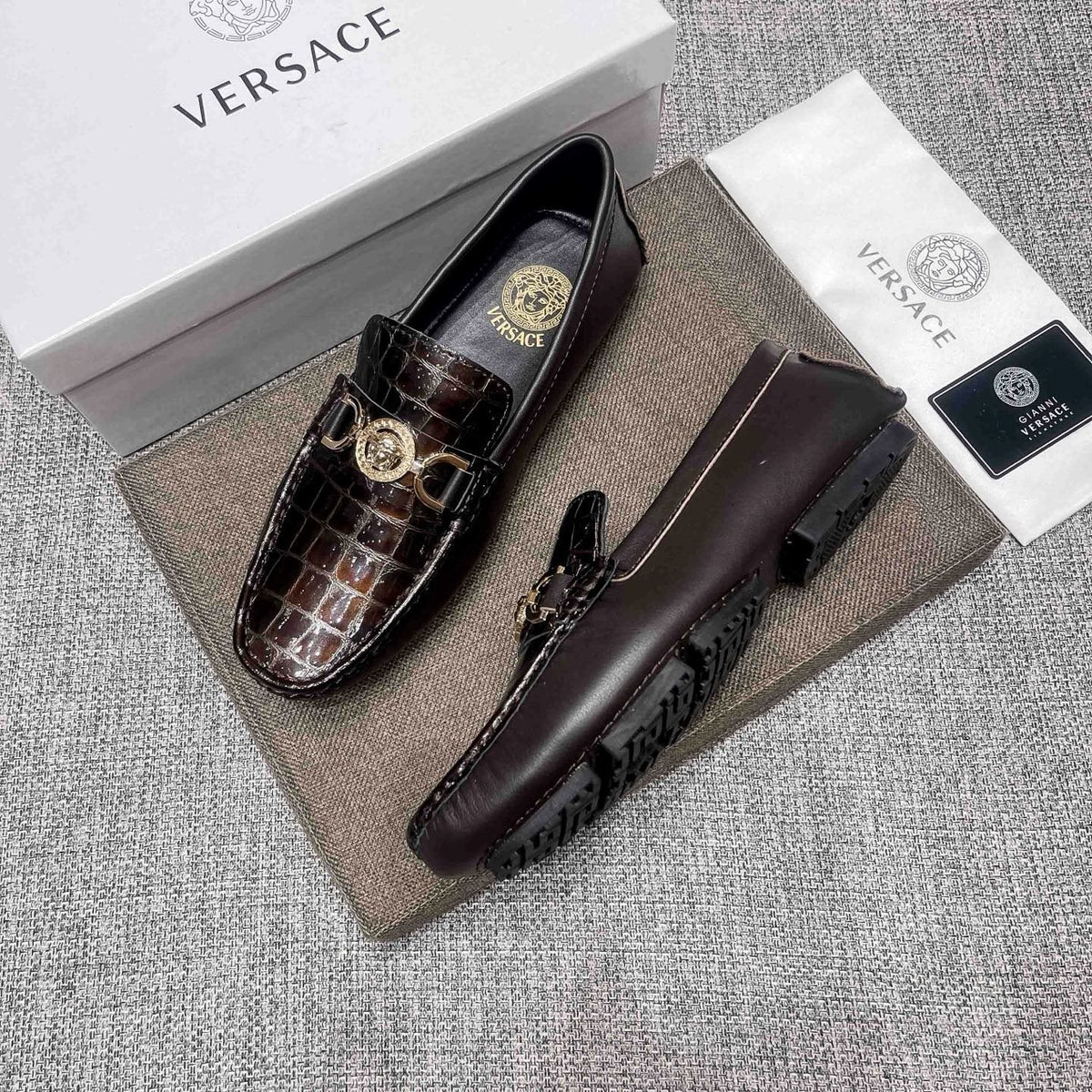 Versace Dark Brown Croc-Embossed Loafers — side