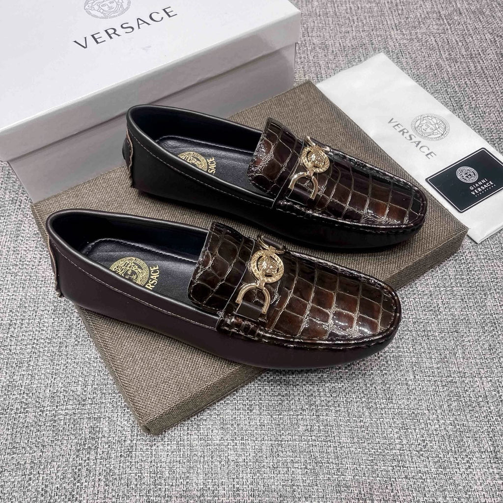Versace Dark Brown Croc-Embossed Loafers — hero