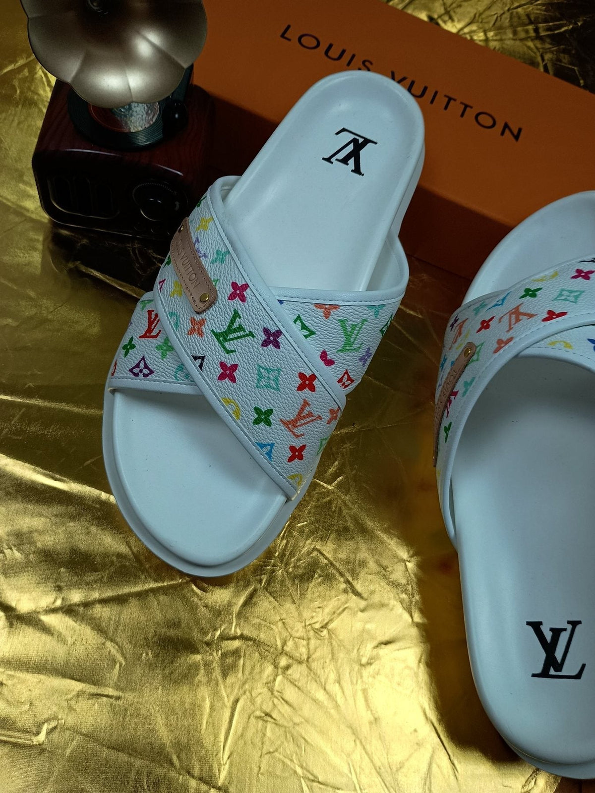 Louis Vuitton Multicolor Monogram Slide Sandals — detail