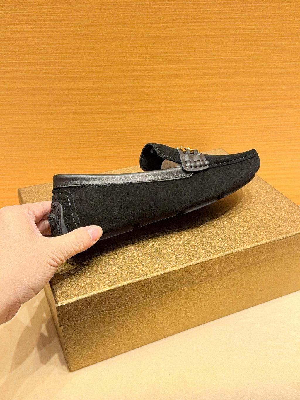 Versace Black Gold Buckle Loafers — side