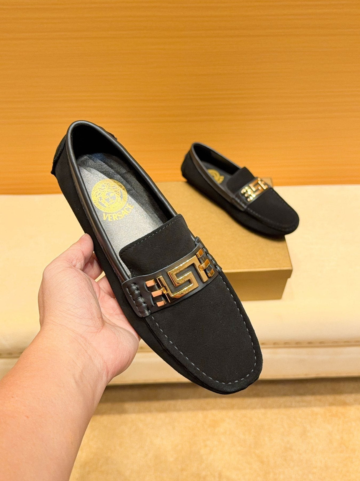Versace Black Gold Buckle Loafers — front
