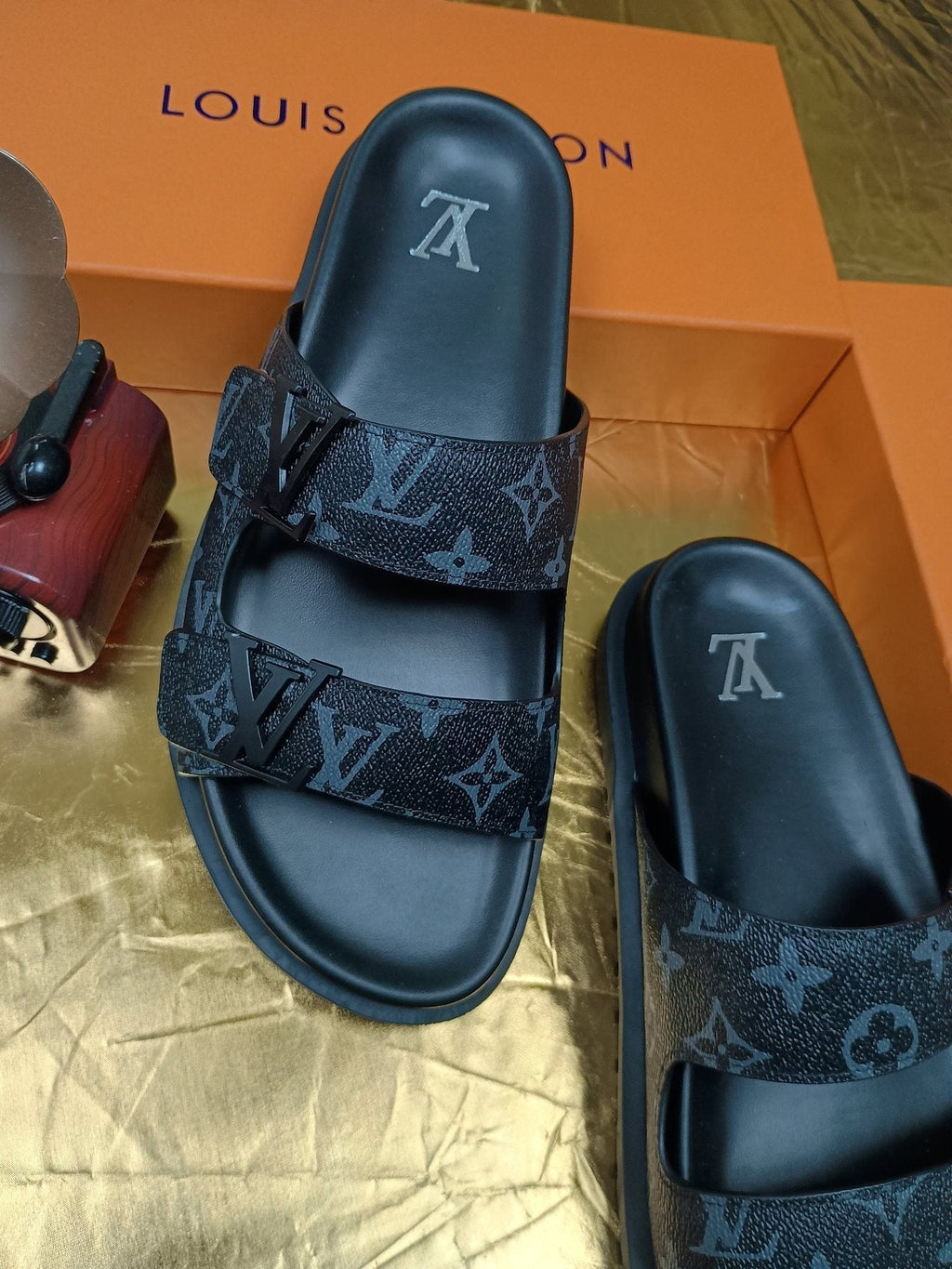 Louis Vuitton Dark Gray Monogram Slide Sandals — front