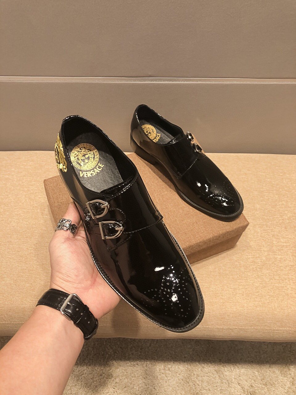 Versace Black Embroidered Dress Shoes — model