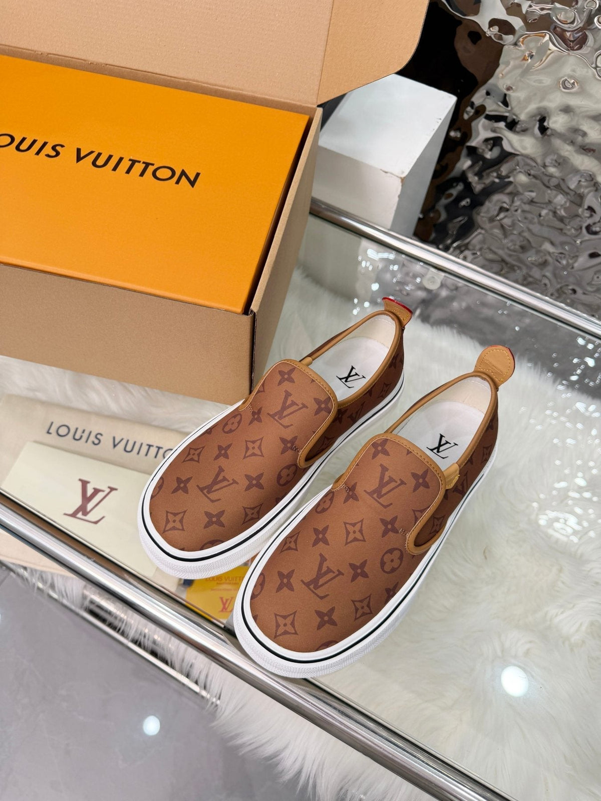 Louis Vuitton Brown Monogram Slip-On Sneakers — front