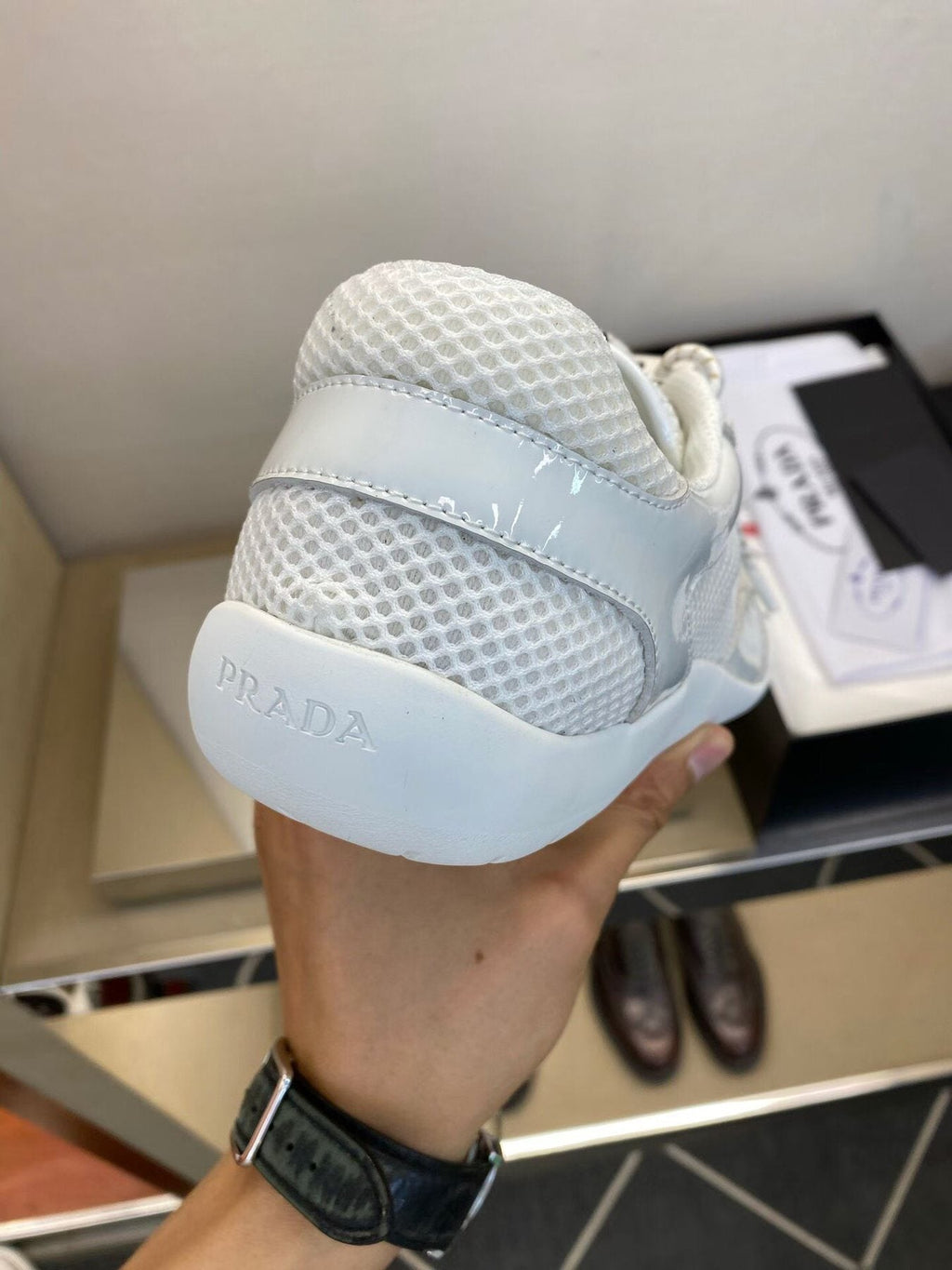 Prada White and Light Gray Mesh Sneakers — back