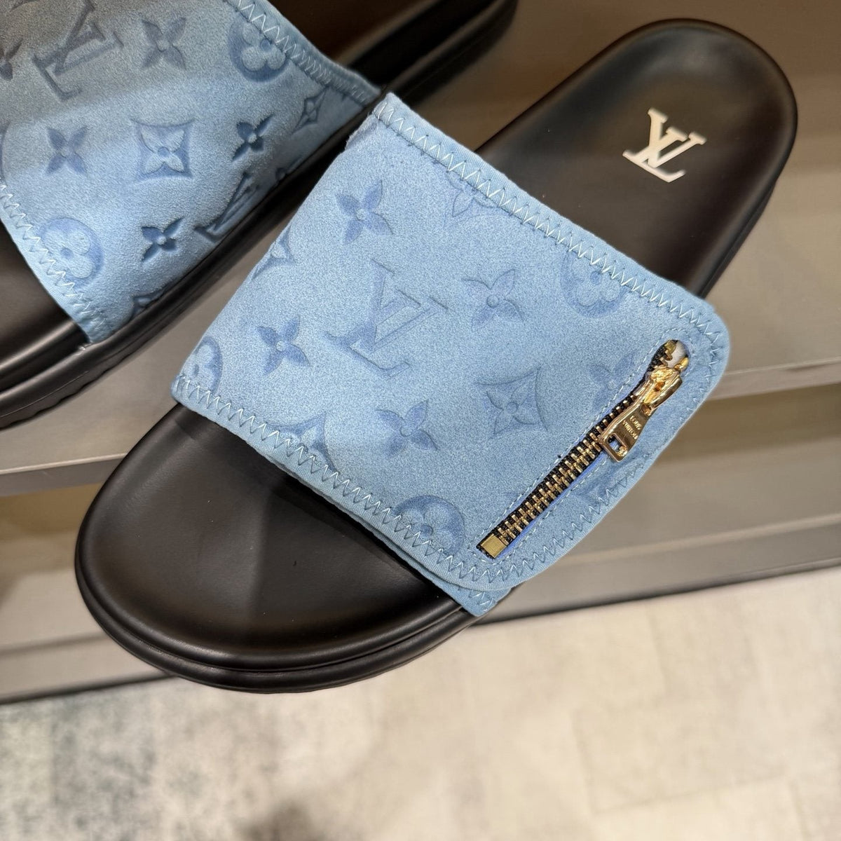 Louis Vuitton Light Blue Zip-Accent Slide Sandals — detail