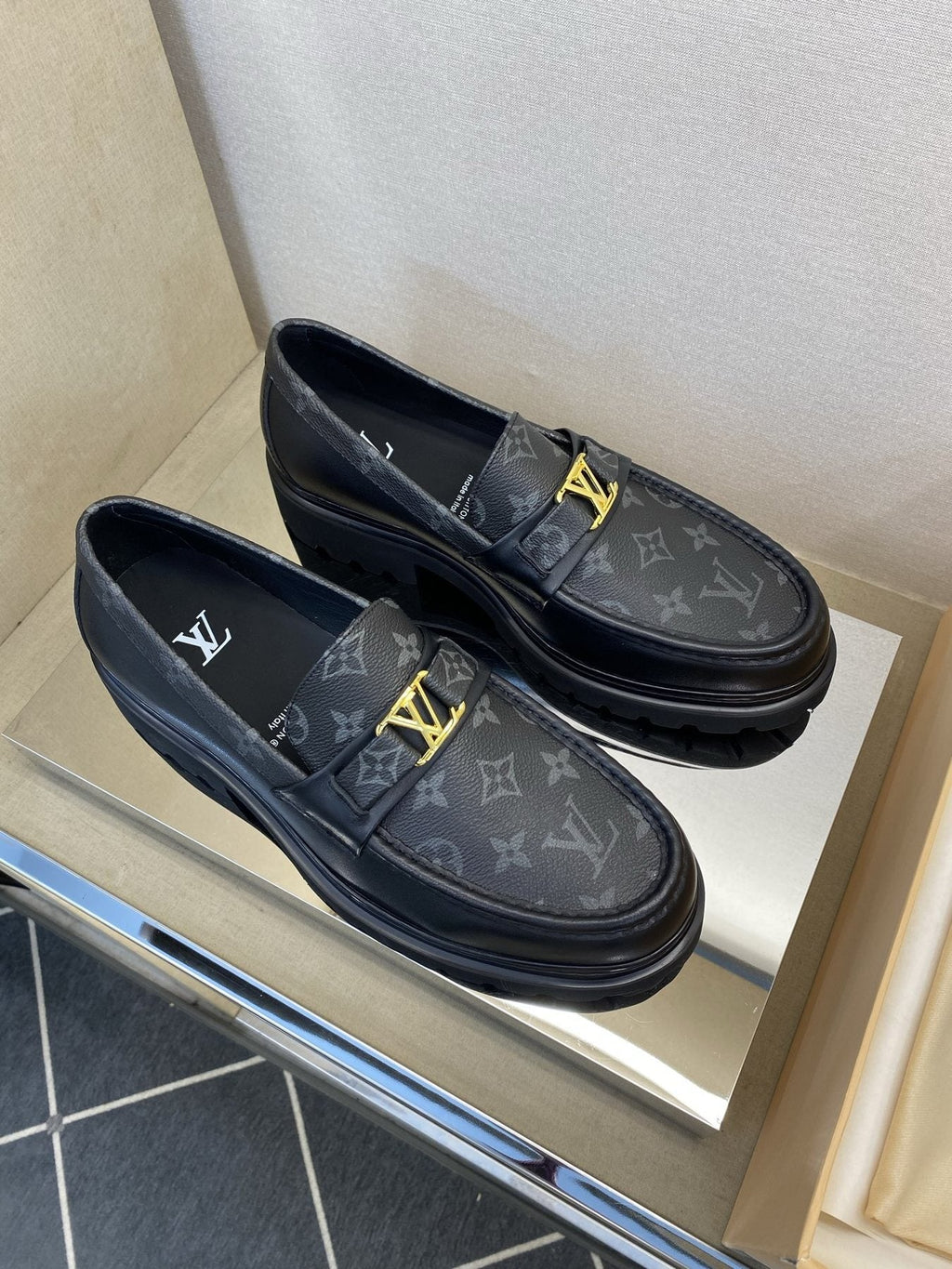 Louis Vuitton Black Monogram Lug Sole Loafers — front