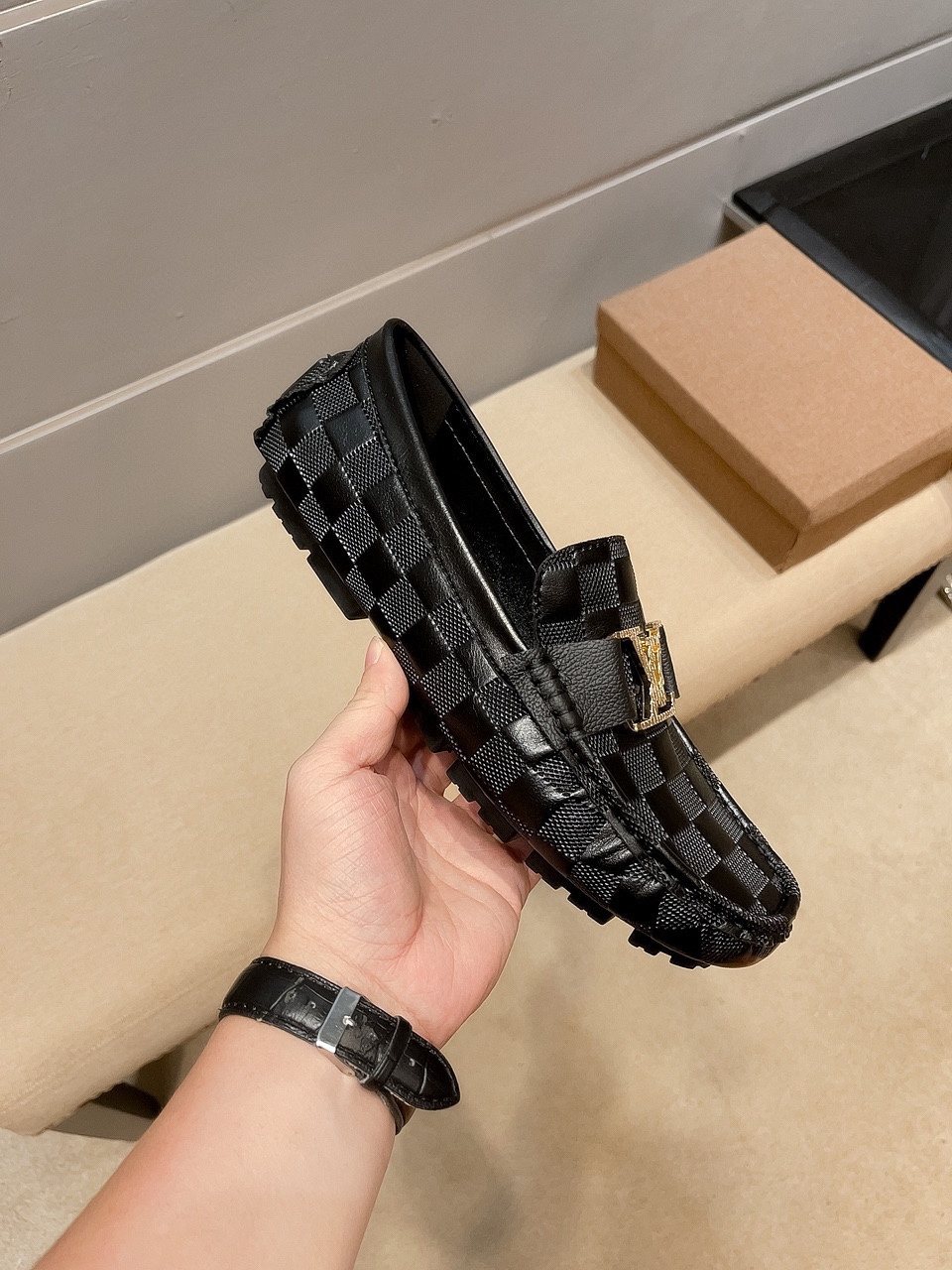 Louis Vuitton Checker-Woven Buckle Loafers — side