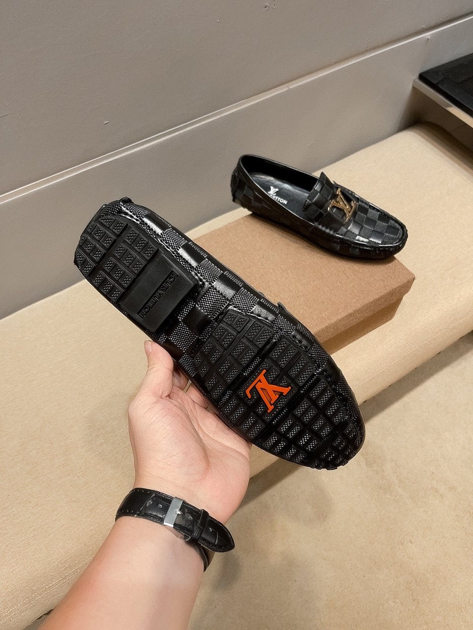 Louis Vuitton Checker-Woven Buckle Loafers — detail