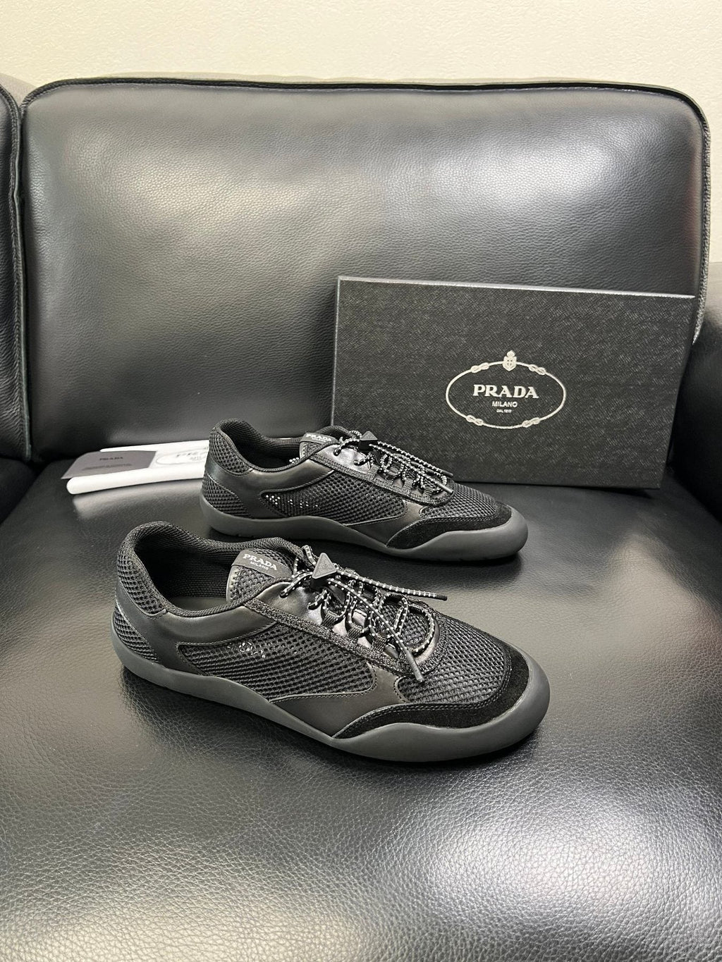 Prada Black and Charcoal Gray Sneakers — front