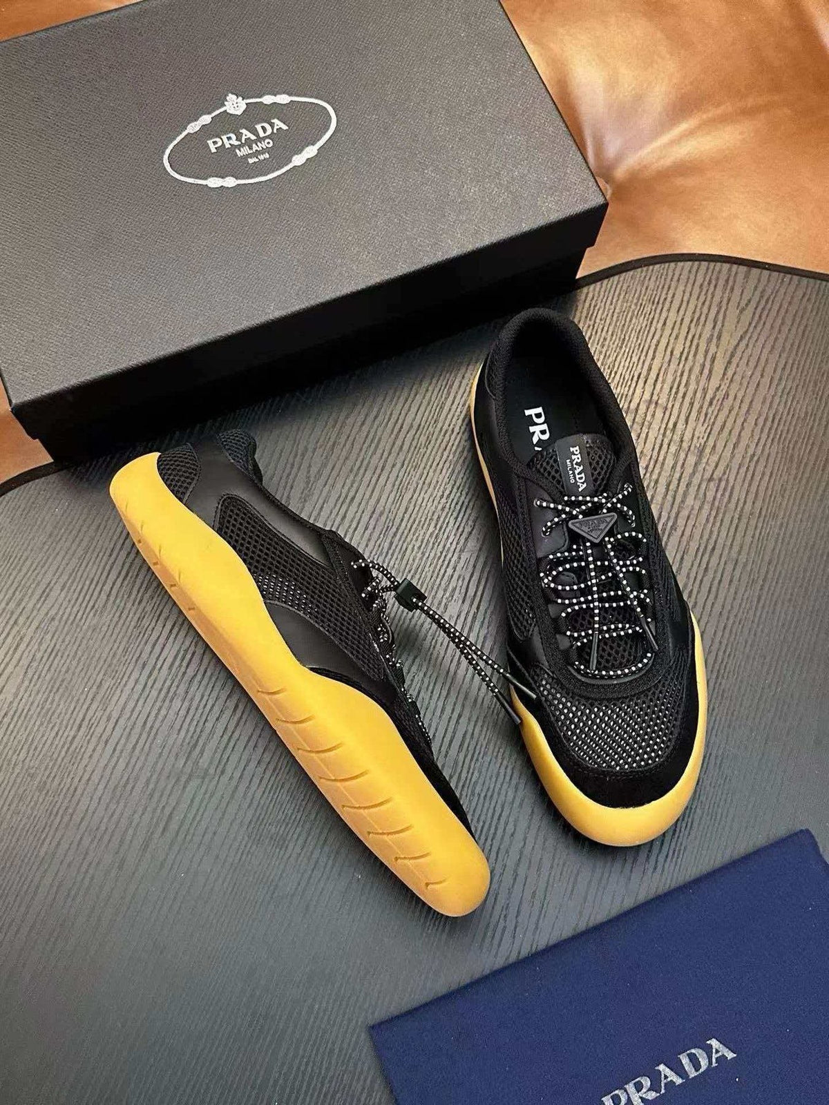 Prada Black Yellow-Sole Sneakers — front