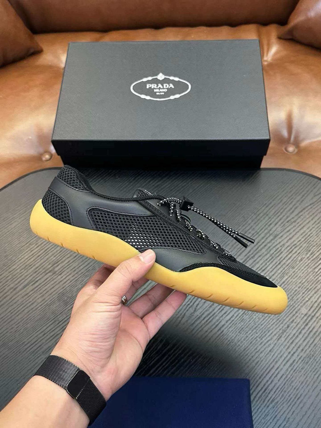 Prada Black Yellow-Sole Sneakers — side
