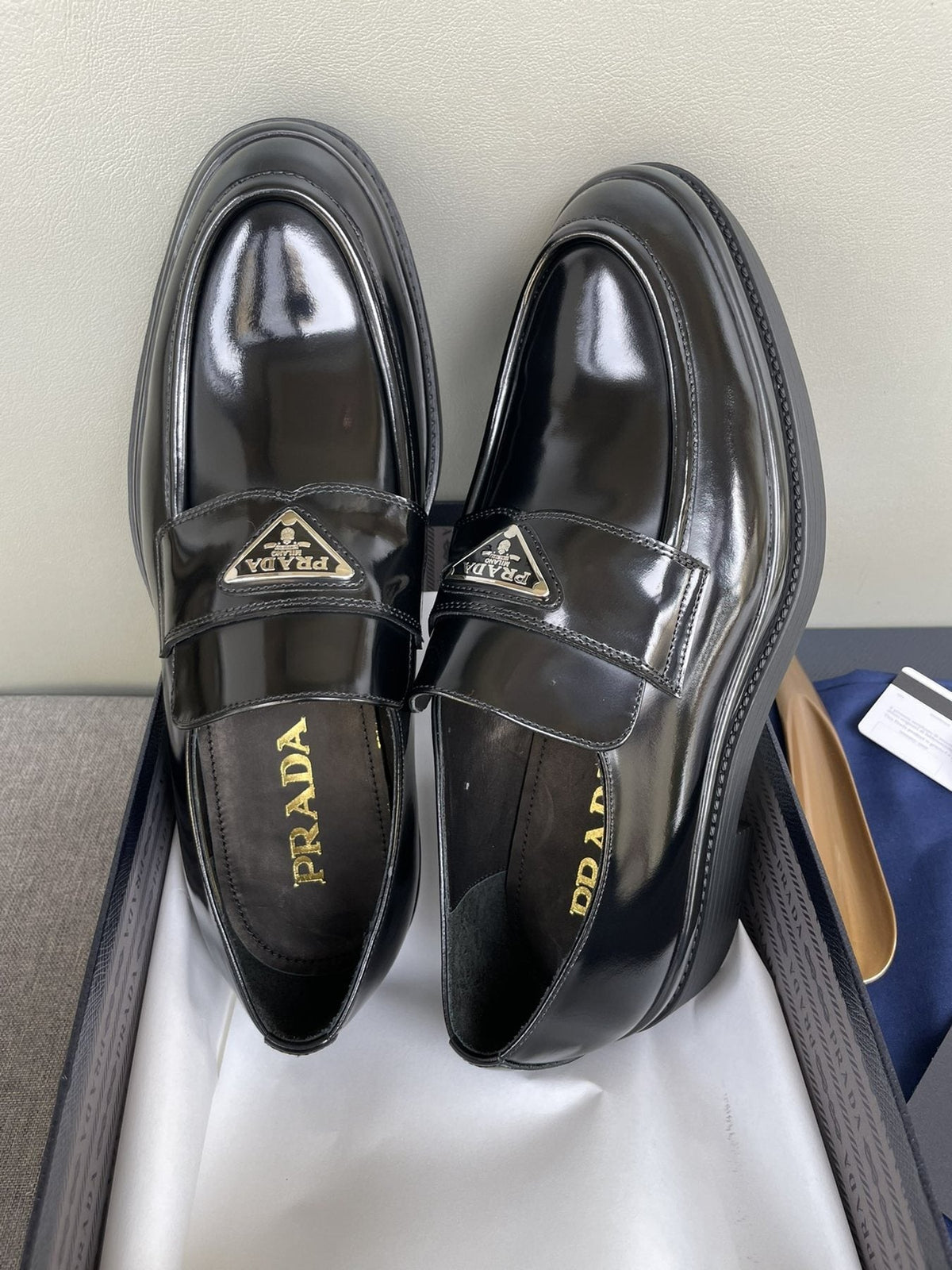 PRADA Black Glossy Plaque Loafers — model