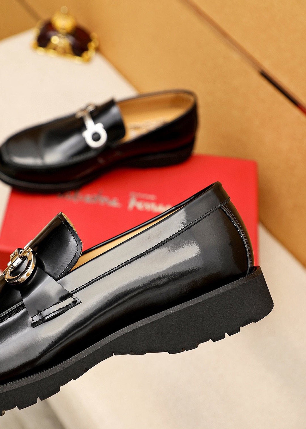 Ferragamo Black Hardware Loafers — detail