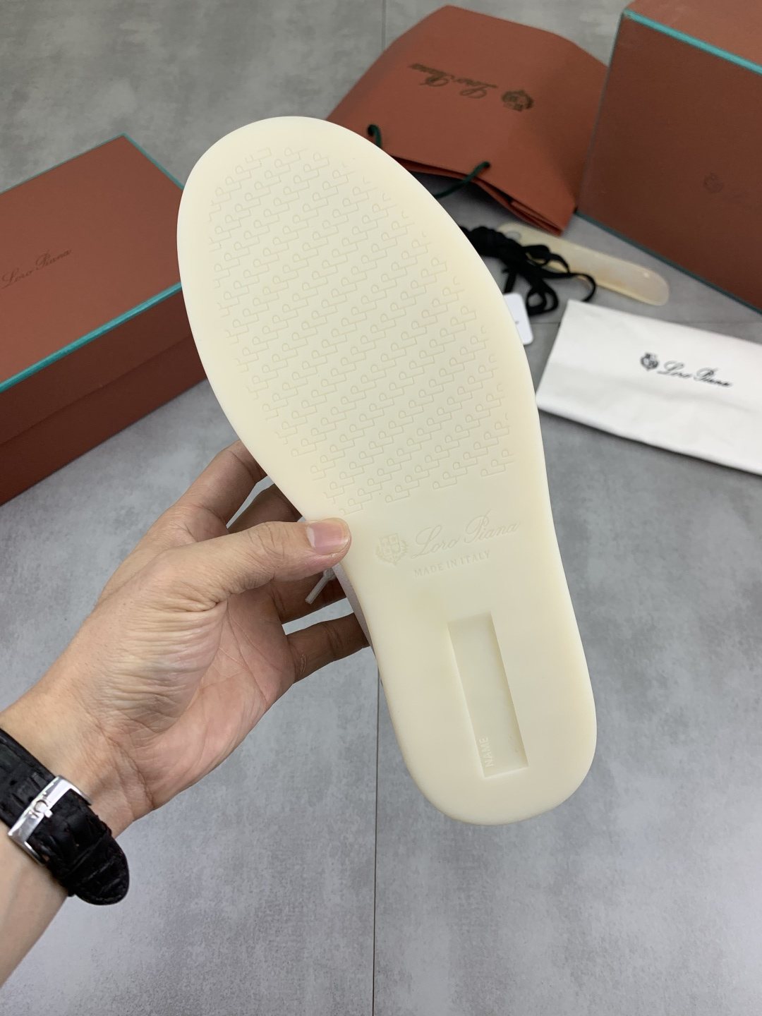 Loro Piana White Knit Leather Sneakers — detail