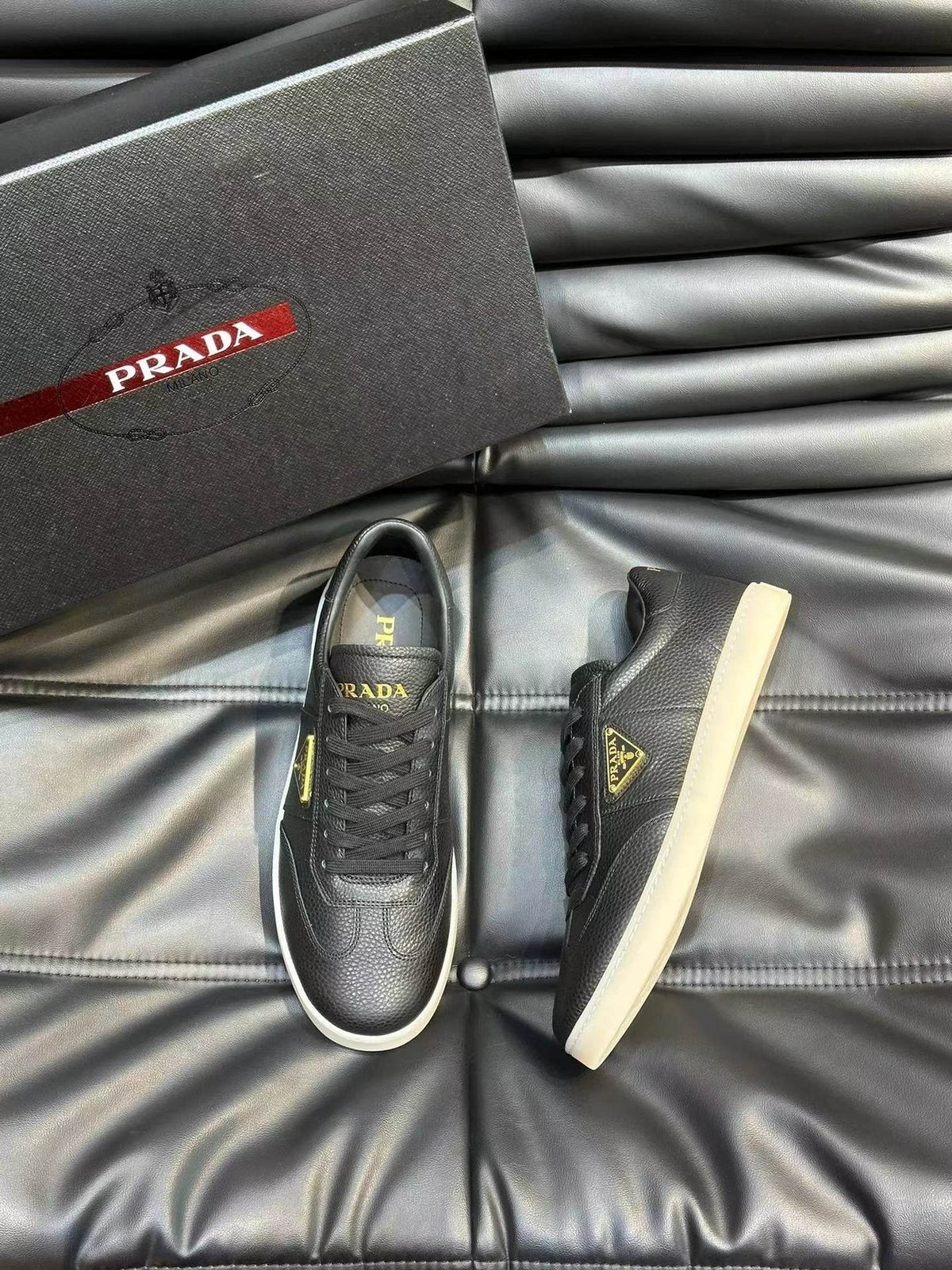 Prada Black Leather Low-Top Sneakers — front