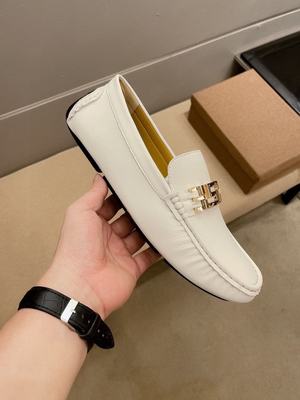 Versace Cream White Gold-Tone Loafers — side