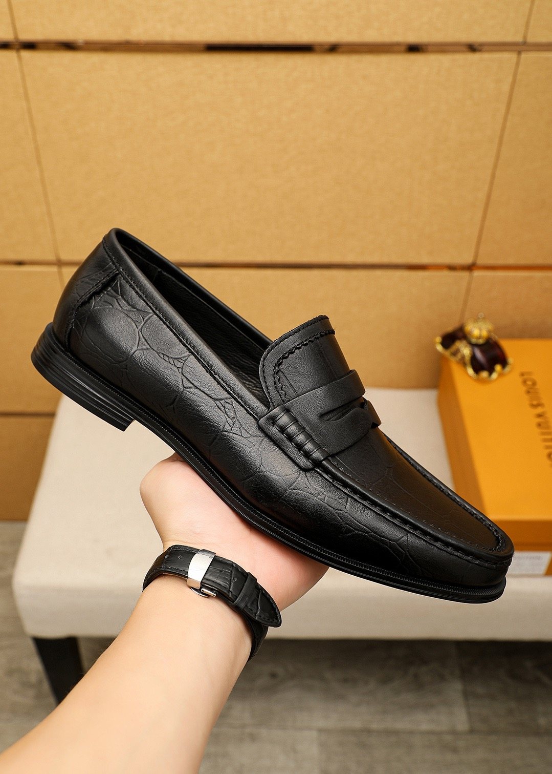 Louis Vuitton Black Textured Slip-On Loafers — side