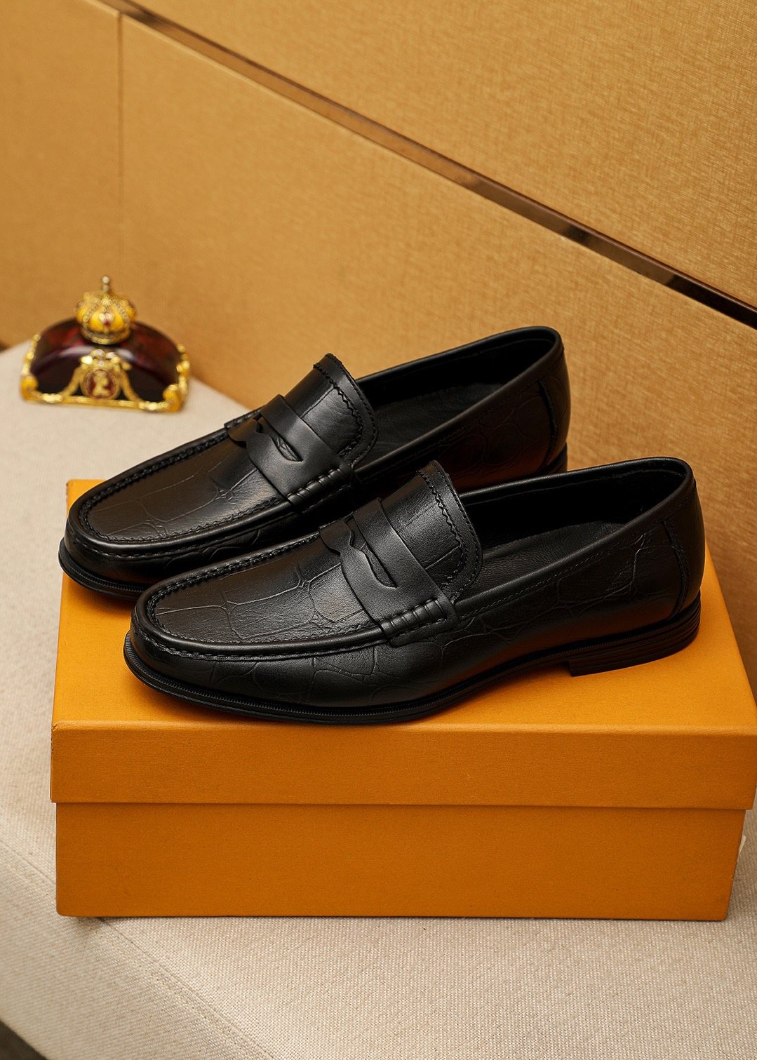 Louis Vuitton Black Textured Slip-On Loafers — front