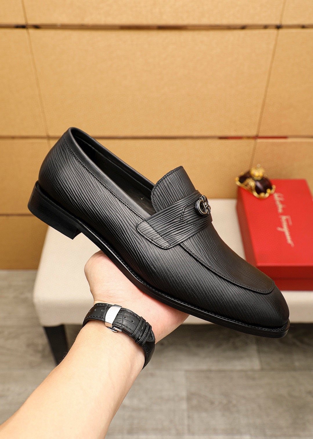 Ferragamo Black Textured Leather Loafers — model