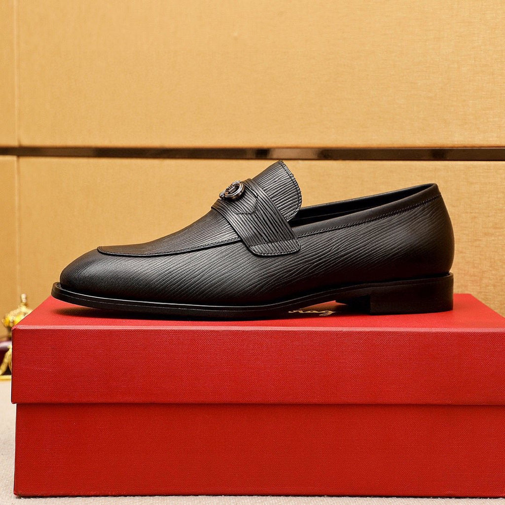 Ferragamo Black Textured Leather Loafers — side