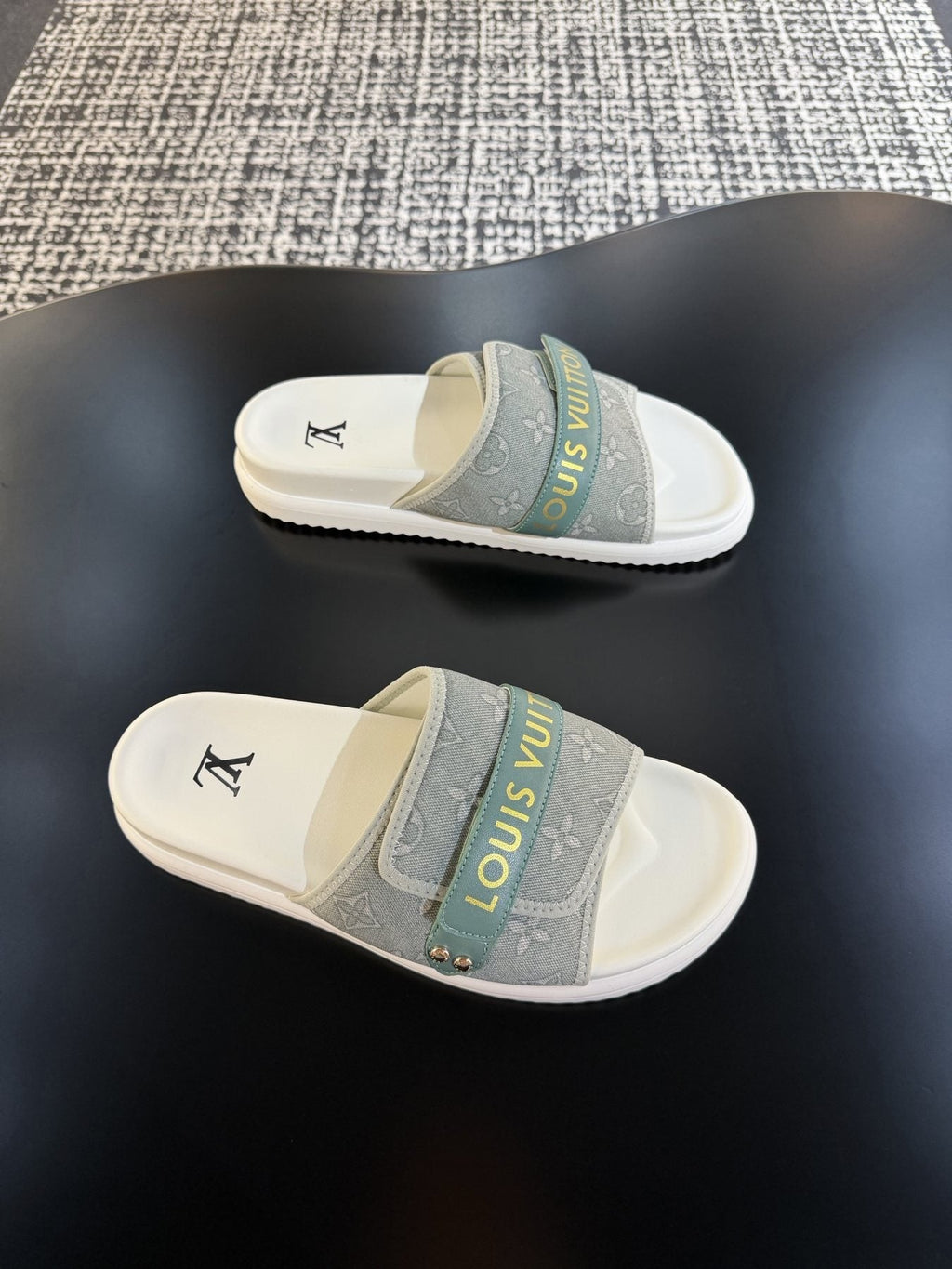 Louis Vuitton Gray Logo Slide Sandals — side
