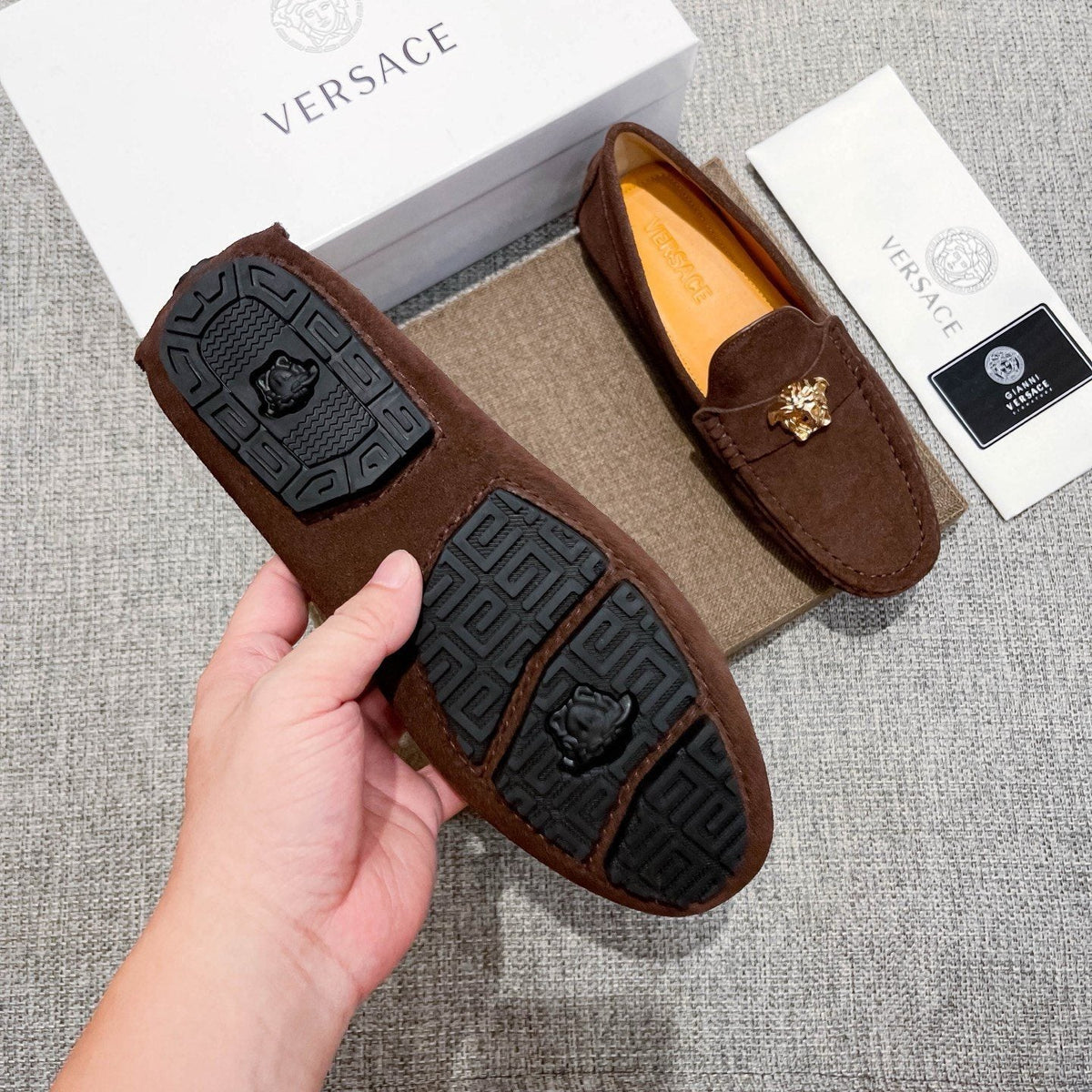 Versace Brown Suede-Texture Loafers — detail