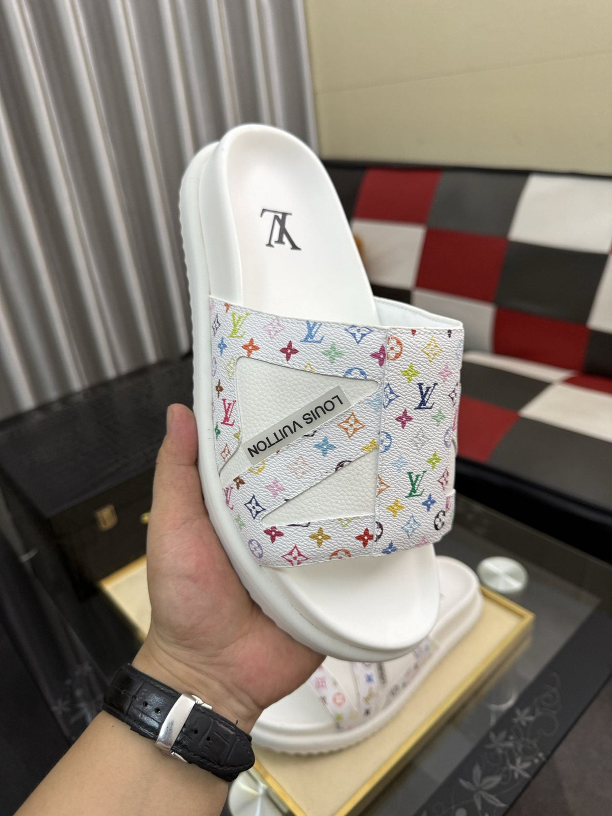 Louis Vuitton White Monogram Print Slide Sandals — model