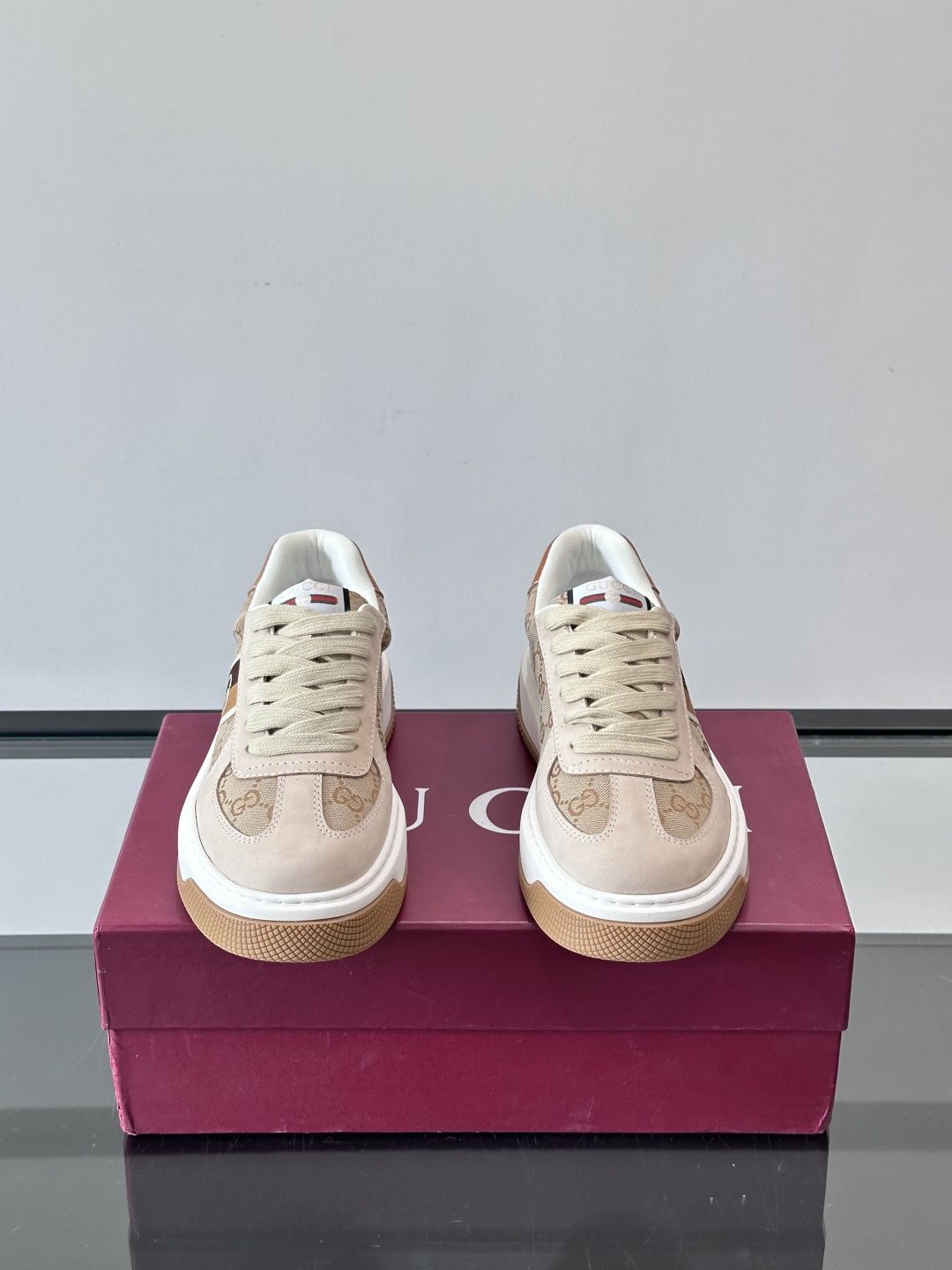 Gucci Beige Patterned Panel Sneakers — front